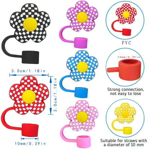 Copertura per Cannuccia in Silicone Forma di Fiore Motivo a Scacchiera Antipolvere Riutilizzabile Accessorio per Tazza