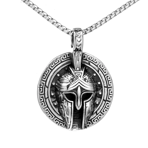 Collar Con Colgante De Escudo De Casco Espartano Acero Inoxidable Guerrero Vikingo Llave Griega Cadena De Caja Joyería Punk Hombre