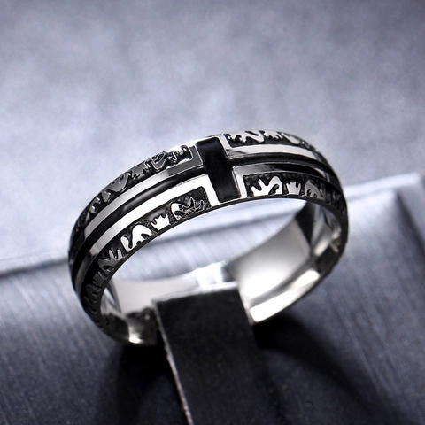 Retro Cross Crown Engraved Ring Stainless Steel Gothic Punk Band Jewelry Unisex Vintage Style