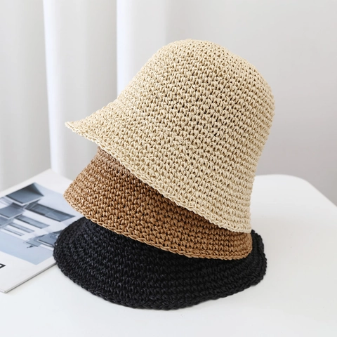 Women Handmade Woven Paper Straw Bucket Hat Summer Beach Sun Hat Breathable Foldable Pastoral Style Fisherman Sunshade Hat