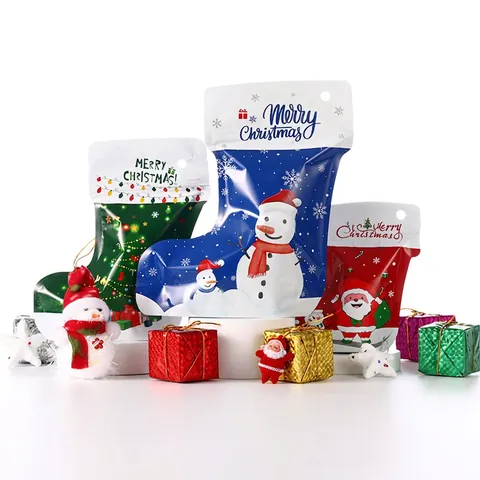 Christmas Stocking Shaped Stand Up Gift Bags Plastic Self Sealing Reusable Holiday Party Candy Jewelry Packaging