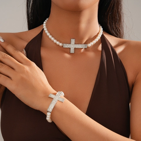 Collana Di Künstliche Perle Barocche Con Ciondolo A Croce In Strass Gioielli Vintage In Lega Per Donna