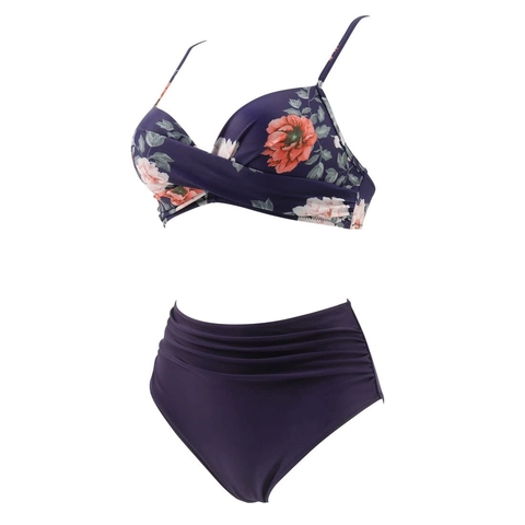 Damen Bikini Top Und Hohe Taille Hose Badeanzug Gerafft Twist Front Push Up Verstellbare Träger Polyester Strandmode