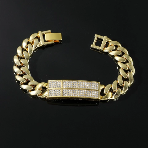 Cuban Link Armband Zinklegierung Rheinstein Iced Out ID Platte Hip Hop Streetwear Kräftiger Schmuck Für Männer