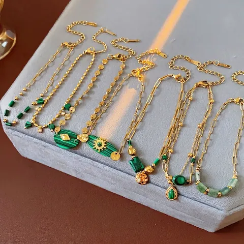 Vintage Stainless Steel Bracelet For Women With Green Malachite 18K Gold Plated S925 Tag Bohemian Jewelry