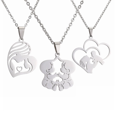 Mother And Child Heart Pendant Necklace Stainless Steel Hollow Silhouette Jewelry For Women Mother Day Gift