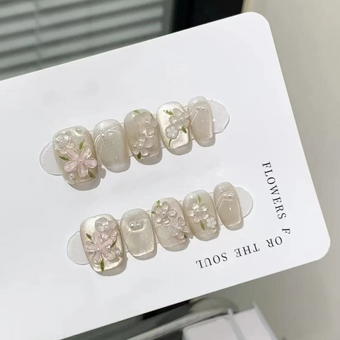 Press On Nails 3D Flower Artificial Pearl Cat Eye Shimmer ABS Plastic Short Ballet False Nails For Women Gentle Elegant Style