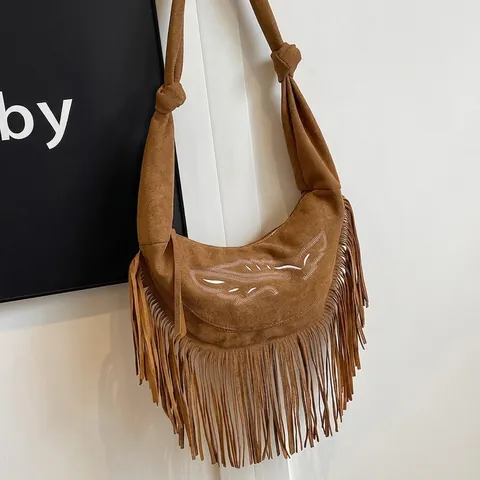 Retro Bohemian Schoudertas Voor Dames Van Imitatie Suède Borduursel Maan Hobo Okseltas Lange Franjes Geknoopte Schouderband