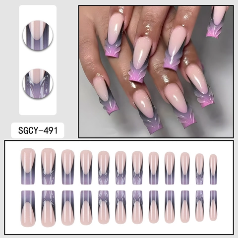 Press On Nails Long Coffin Shape Gradient Pink Gray High Gloss Three Dimensional Wave Relief Style Wearable False Nails For Women
