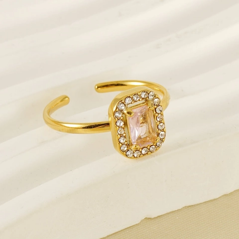 Rechteckiger Zirkonia Ring 18K Vergoldeter Edelstahl Verstellbar Halo Vintage Ins Stil Schmuck Für Frauen