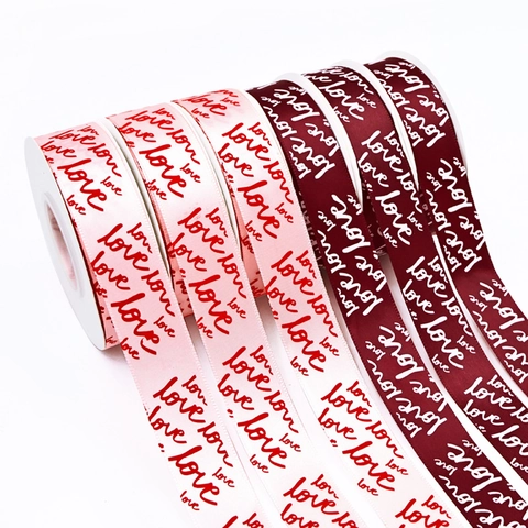 Love Heart Letter Print Satin Ribbon Polyester For Valentine's Day Wedding Gift Wrapping Cake Decorating DIY Crafts