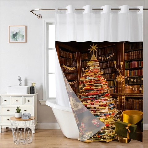 Tenda Da Doccia Natalizia Doppio Strato Design Senza Ganci Impermeabile Poliestere Tessuto Nido Ape Biblioteca Albero