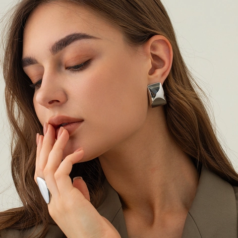 Minimalist Stainless Steel Geometric Square Stud Earrings Polished Mirror Surface Rhinestone Earrings For Women Fashion Jewelry