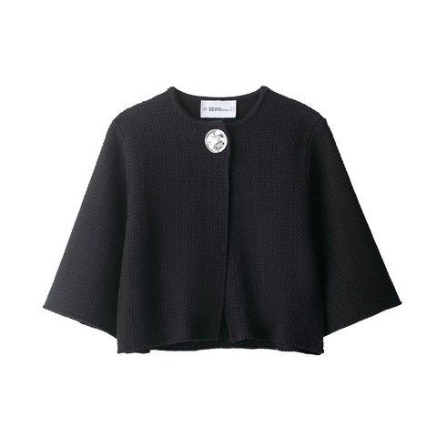 Women Solid Black Knitted Cardigan Short Jacket Round Neck Cape Sleeve Silver Embossed Button Chic Outerwear