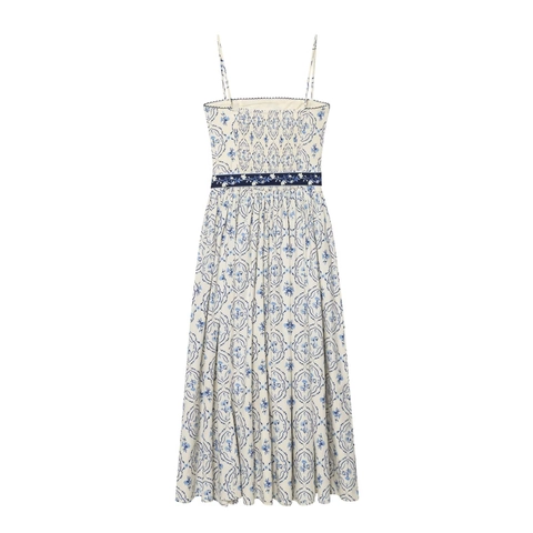 Bloemenprint Maxi Jurk Vrouwen Spaghettibandjes Franse Vintage Boheems Hoge Taille Vierkante Hals Mouwloze Lange Jurk