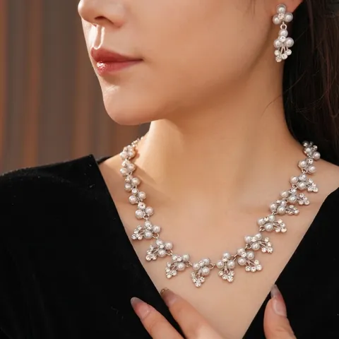 Collana E Orecchini Con Künstliche Perle E Strass Floreale Donna Matrimonio Gioielli Accessorio