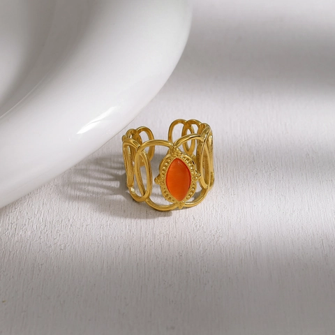Vintage Open Ring Dames Roestvrij Staal 18K Verguld Hol Geweven Geometrisch Oranje Marquise Opaal Boho Sieraden