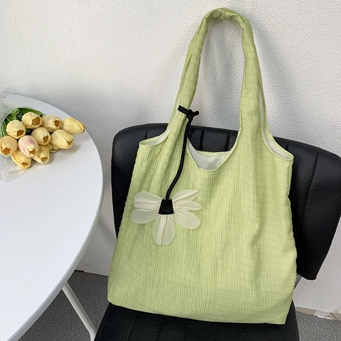 Women Shoulder Bag Pleated Slouchy Tote Large Capacity With Flower Pendant Dopamine Color Sweet Korean Style Shopping