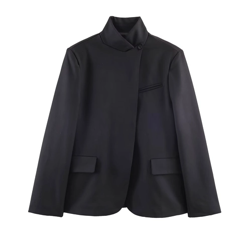 Women Blazer And Wide Leg Trousers Suit Stand Collar Asymmetric Jacket Polyester Office Lady Professional Streetwear Black