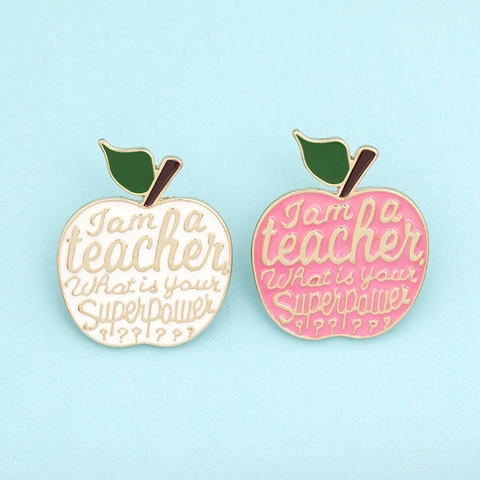 Apple Shape Enamel Brooch Pin Alloy Material Fun Teacher Superpower Quote Gift For Educators Cartoon Jewelry Accessories