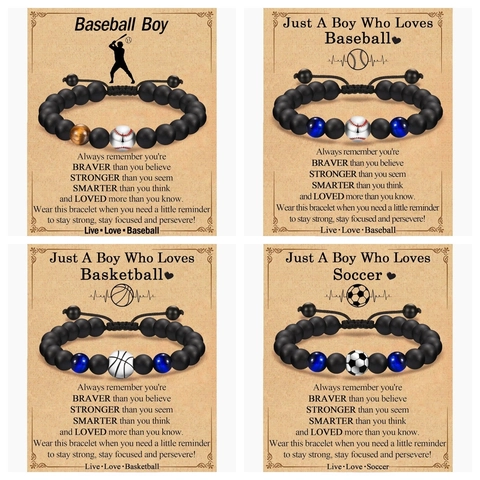 Herren Perlenarmband Tigerauge Glas Matte Steine Sport Baseball Basketball Fußball Charm Verstellbar Inspirierendes Geschenk Für Sohn