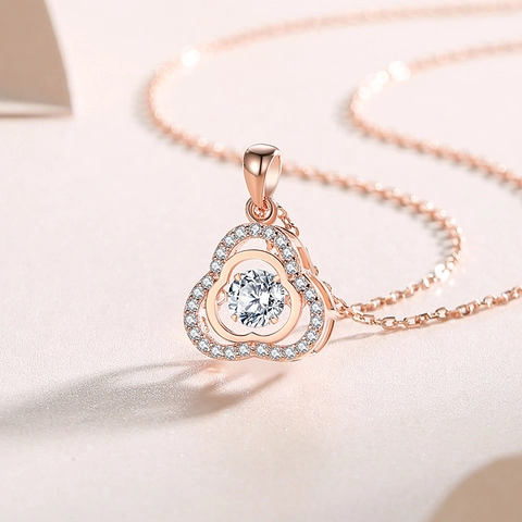Collier En Argent Sterling 925 Pour Femme Avec Pendentif Trèfle Coeur Dansant Zircon Cubique Dynamique Bijoux Élégants