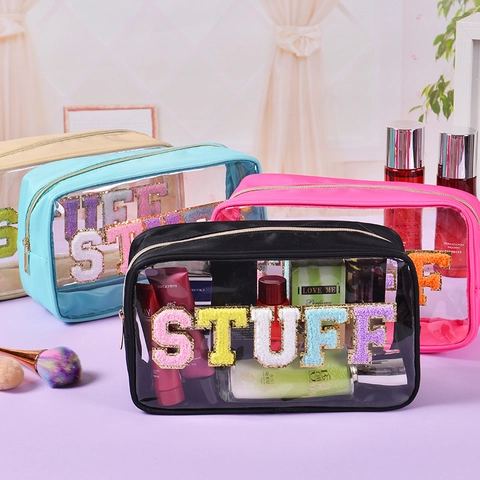 Borsa Da Trucco Trasparente In PVC Con Toppe In Lettere Di Ciniglia Impermeabile Grande Capacità Organizer Da Viaggio