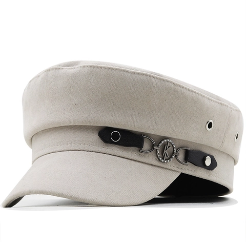 Casquette Gavroche Femme Coton Polyester Plate Chapeau Marin Style Vintage Avec Bordure En Similicuir Et Boucle Métallique Décorative