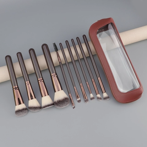 Pennelli Da Trucco Manico In Legno Tubo Alluminio Fibra Sintetica Setole Morbide Borsa Stoccaggio Finestra Trasparente Cerniera