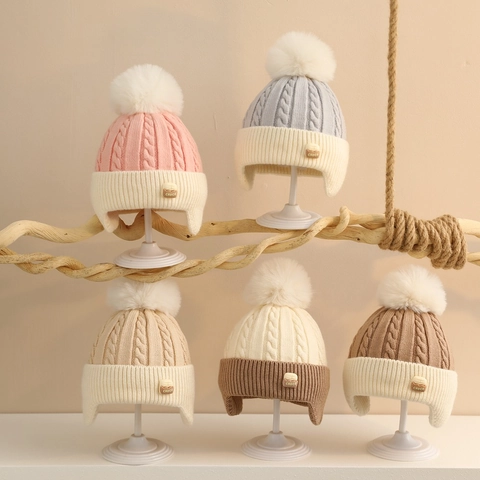 Berretto Maglia Neonato Bambino Inverno Cappello Paraorecchie Acrilico Trecce Blocco Colore Caldo Pompon Pelliccia Sintetica
