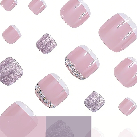 Classic French Style Press On Toe Nails Pink White Short Square Artificial Fake Nails With Shiny Rhinestones And Glitter