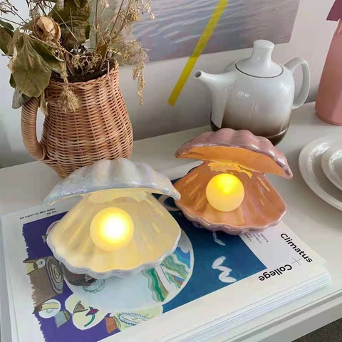 Luce Notturna Conchiglia Ceramica Perla Artificial LED Lampada Scrivania Stile Nordico Romantico Arredamento Camera Regalo Estetico