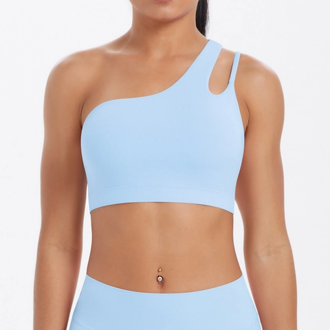 Ein Schulter Sport BH Hollow Out Rückenfrei Yoga Tank Top Asymmetrisch Einfarbig Damen Dehnbar Schnelltrocknend
