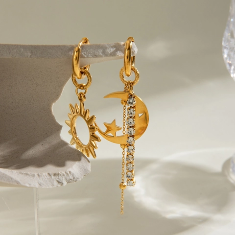 Stainless Steel Asymmetric Sun Moon Star Rhinestone Tassel Drop Earrings Gold Plated Waterproof Hypoallergenic Jewelry Women