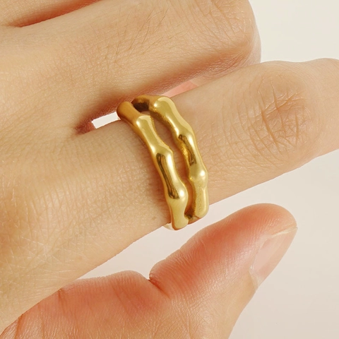Layered Bamboo Joint Open Ring Stainless Steel 18K Gold Plated Geometric Adjustable Minimalist Jewelry For Women