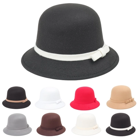 Women Cloche Hat French Retro Dome Bow Ribbon Polyester Warm Elegant Dress Hat