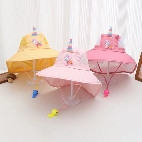 Girls Sun Hat Unicorn Neck Flap Wide Brim Breathable Mesh Polyester Outdoor Beach Summer Cap With Whistle Toy