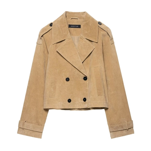 Chaqueta Casual de Gamuza Sintética para Mujer Abrigo Corto Estilo Cortavientos Doble Botonadura Solapa Color Sólido Otoño