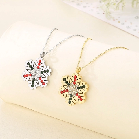 Collana Con Ciondolo A Fiocco Di Neve Acciaio Inossidabile Con Strass Rossi Verdi Bianchi Gioielli Di Natale Per Donna