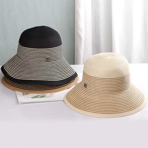 Women Straw Bucket Hat Hand Woven Paper Wide Brim Foldable Contrast Stripe French Retro Summer Beach Sun Protection