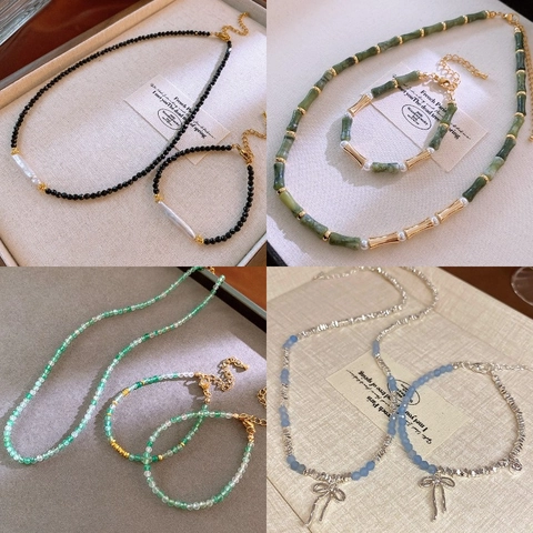 Beaded Necklace And Bracelet With Bowknot Flower Bamboo Resin Beads Artificial Baroque Pearl Artificial Crystal Geometric Jewelry