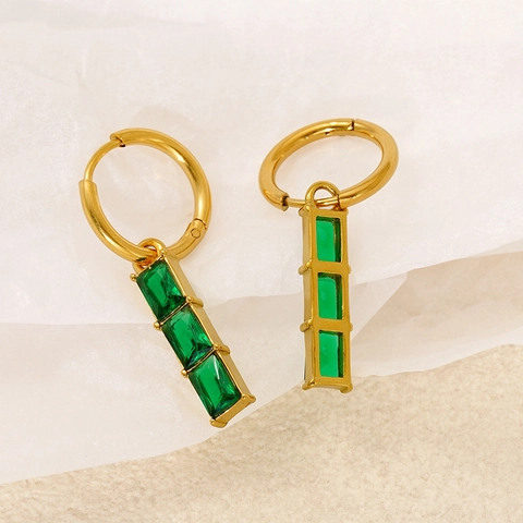 Orecchini A Cerchio In Acciaio Inossidabile Con Placcatura In Oro 18K E Gemme Rettangolari Verdi Stile Bambù Cinese Vintage Per Donne