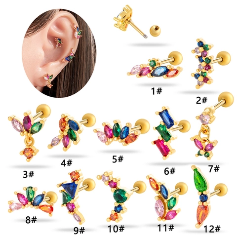 Stainless Steel Colorful Zirconia Helix Tragus Ear Cartilage Studs Flower Butterfly Geometric Inlaid Piercing Jewelry For Women