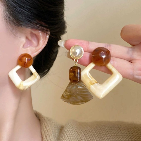 Retro Geometric Drop Earrings With Resin Marble Pattern And 925 Sterling Silver Earring Post For Women Fashion