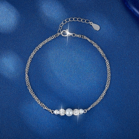 Bracciale in Argento Sterling 925 Doppio Strato Elegante Geometrico Zirconia Perla Artificiale Catena Regalo Festa della Mamma
