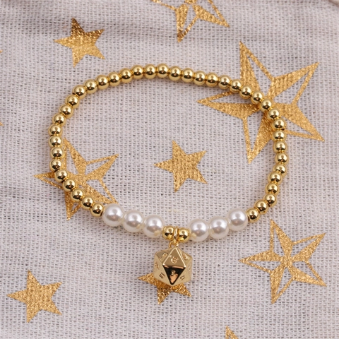 Pulsera De Cuentas Creativa Cobre Bolas Doradas Perlas Artificiales Blancas Colgante Dado Poliédrico Joyería Elástica Mujeres Hombres