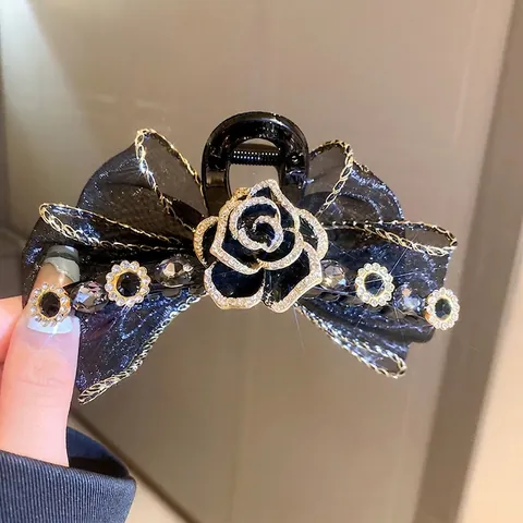 Elegante Molletta Per Capelli Con Fiocco In Rete Nera E Fiore Di Camelia Con Strass Accessorio Vintage Per Donna