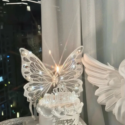 Large Embroidered Butterfly Cake Topper LED Light Up Lace Artificial Pearl Fairy Ornament For Birthday Party Valentine's Day Decor