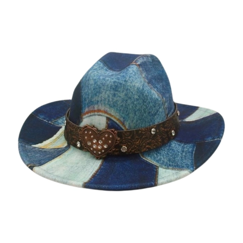 Vintage Western Cowboy Fedora Hat Denim Patchwork Rhinestone Heart Buckle Wide Brim Ethnic Style Fashion Accessory