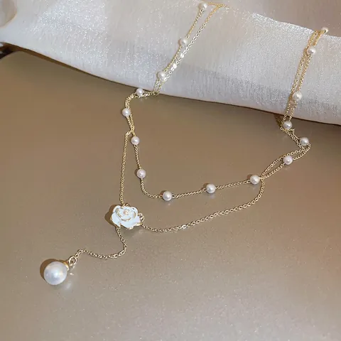Double Layer Faux Artificial Pearl Necklace With White Camellia Flower Pendant Elegant Gold Plated Alloy Choker For Women